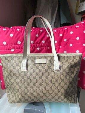 Gucci Beige Monogram Canvas Tote with White Leather Trim
